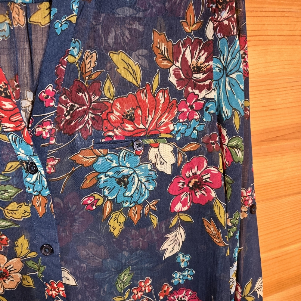 Kut From The Kloth Sinclaire Button Up Sheer Top Floral Navy Medium Western - Picture 2 of 8